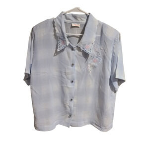 Embroidered Sheer Short Sleeve Button Down-Vintage